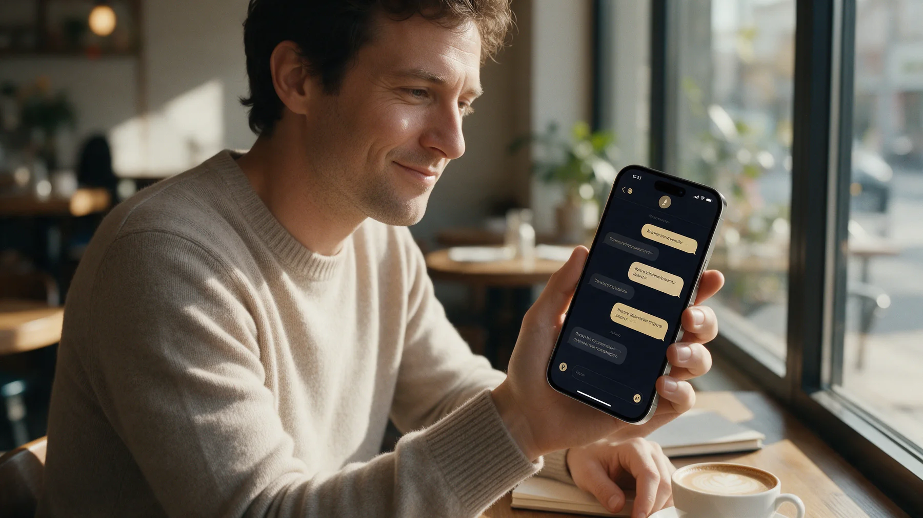 A man in a café reading a conversation with Auriana on his phone