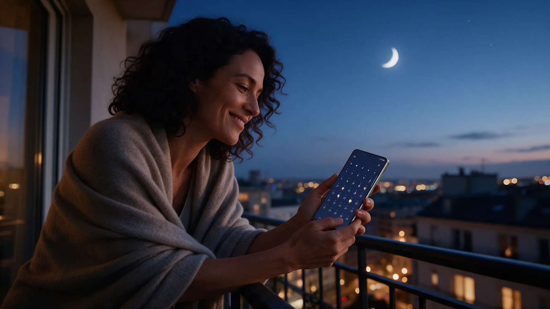A woman on her balcony at dusk under a crescent moon, smiling at Auriana’s moon calendar on her phone